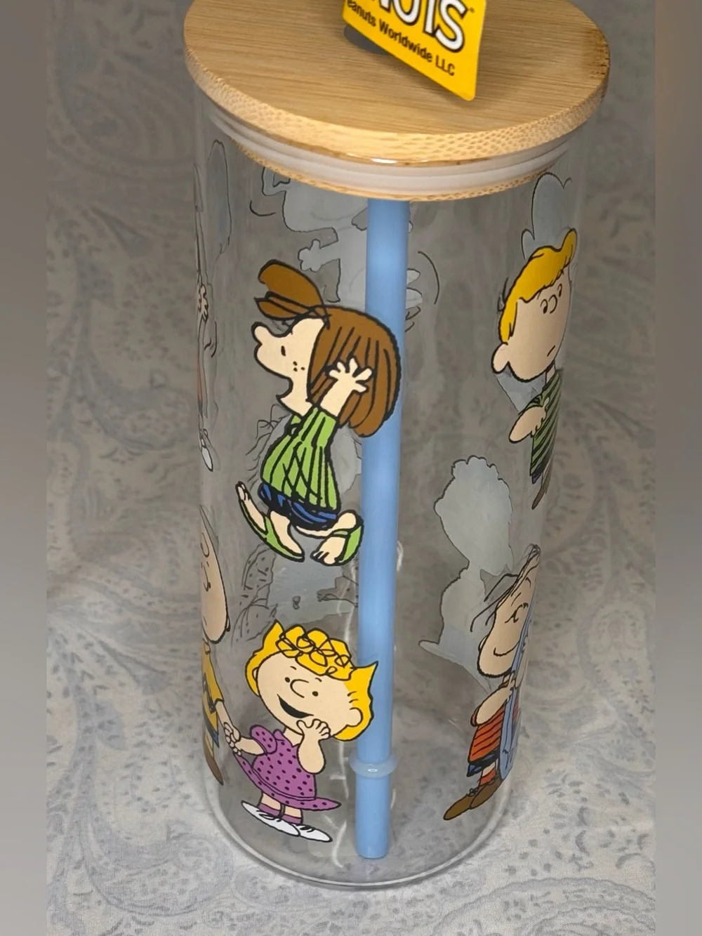 Peanuts Charlie Brown, Snoopy & Gang Glass Tumbler w/ Bamboo Lid, Plastic Straw
